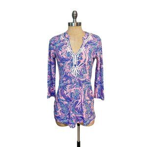 Lilly Pulitzer Top Kaia Tunic Knit Coastal Blue Maybe Gator Pink XS